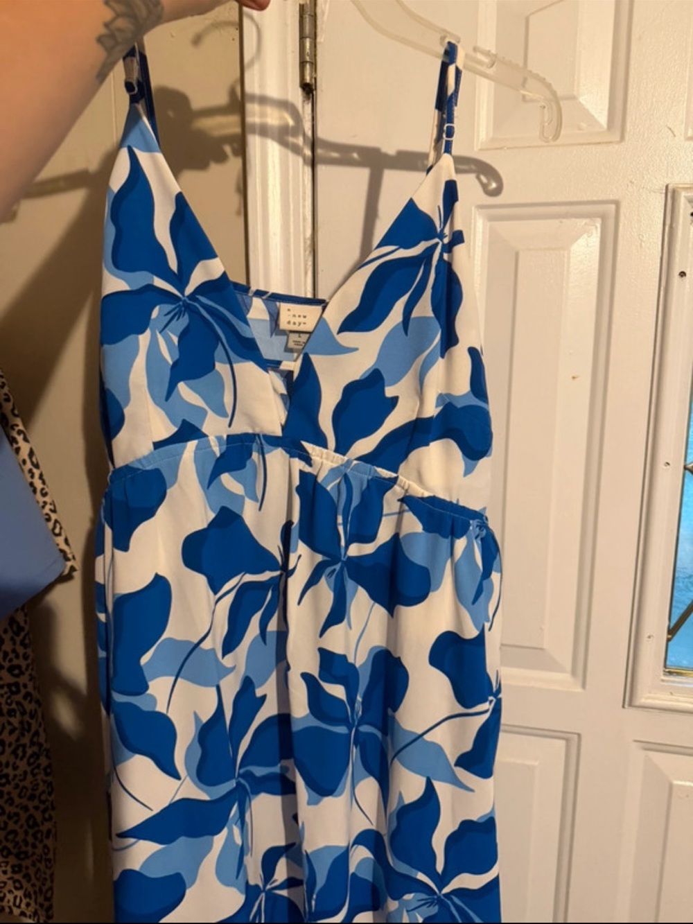 a new day White Maxi Dress with Bold Blue Leaf Print